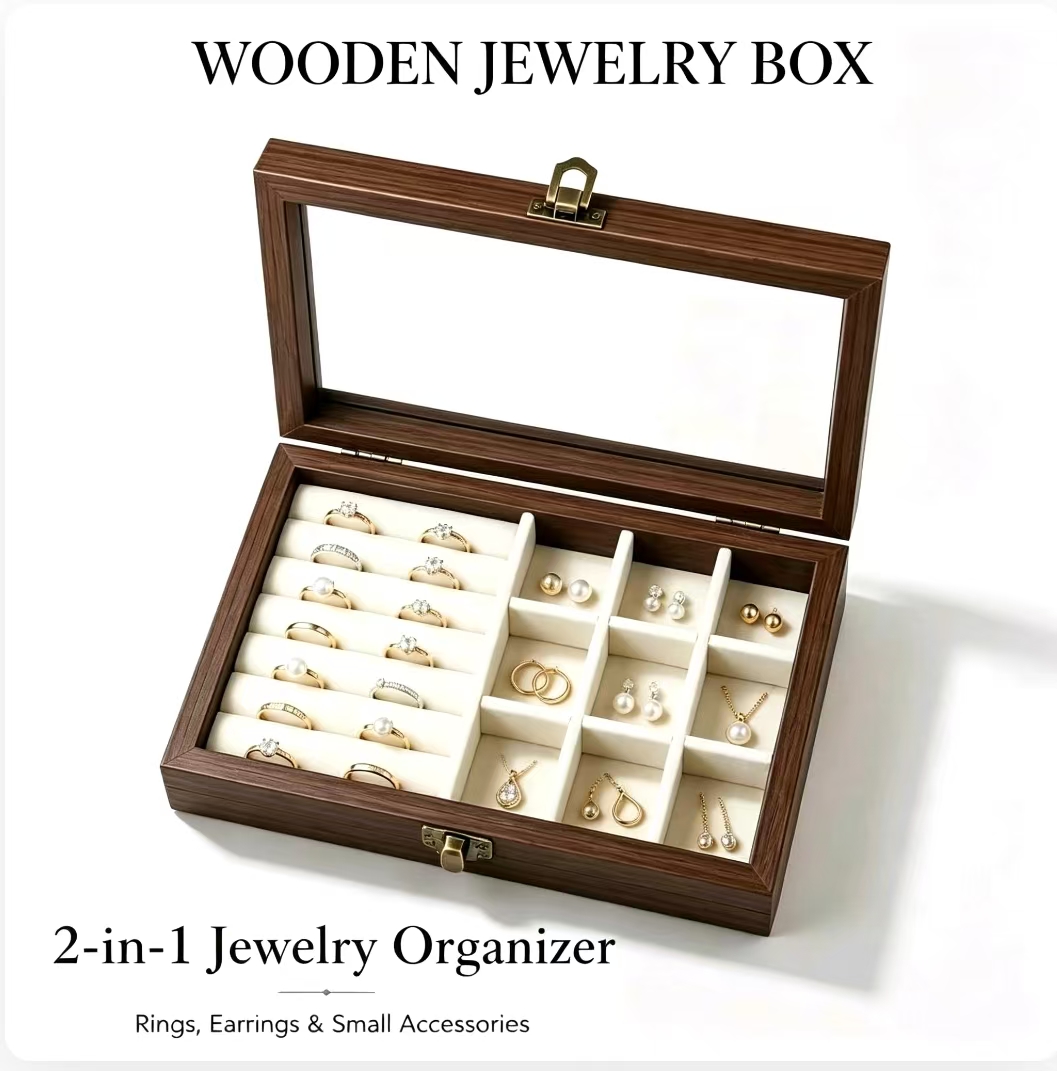 Token Tray Organizer - 침실용 월넛 패턴 벨벳 보석 정리함,